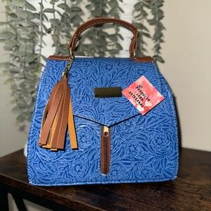 Blue Textured Top-Handle mini bag pack/ Crossbody with Brown Trim - Handmade